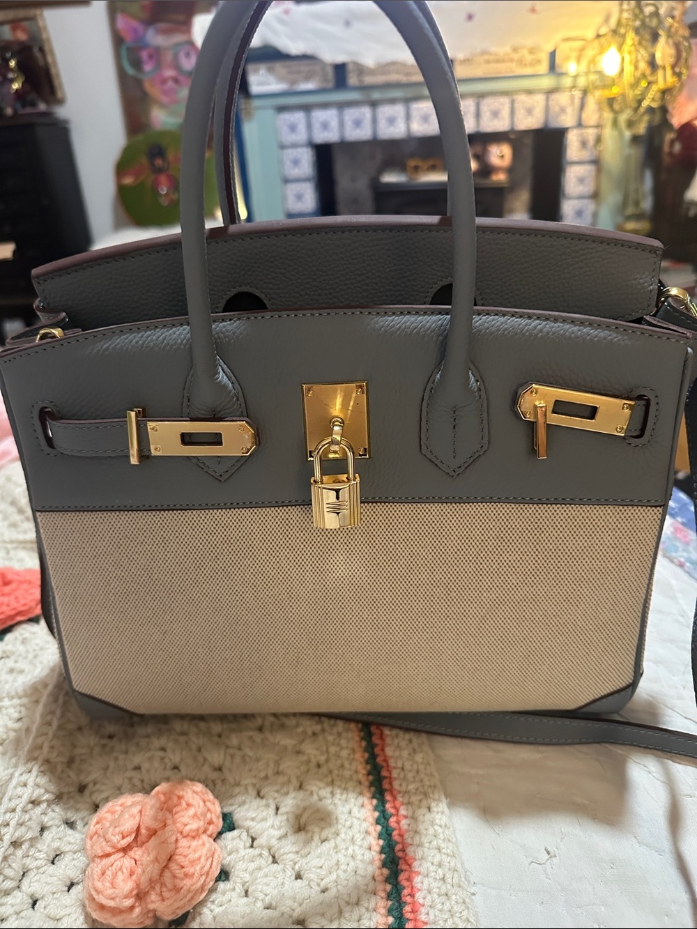 Light blue and Cream Leather-Trim Tote Bag with Gold Hardware - Picture 5 of 5